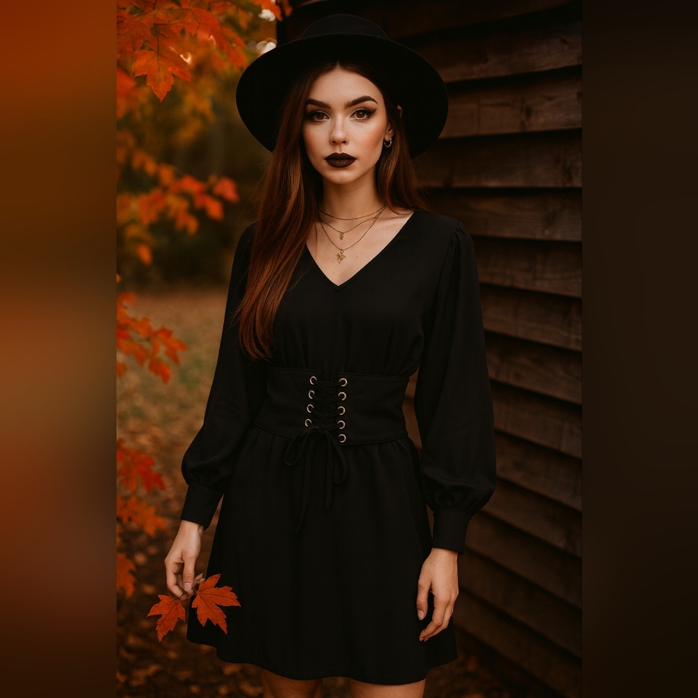 Entro Black Long Sleeve Mini Dress Corset Lace-Up Waist Goth Grunge Halloween